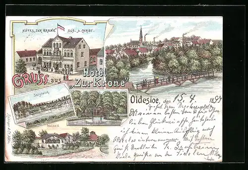 Lithographie Oldesloe, Hotel zur Krone, Salzteich, Kurhaus und Soolbad mit Restaurant