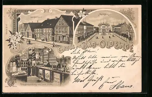 Lithographie Bad Oldesloe, Langestrasse, Marktplatz und Drogenhandlung von Louis Osten