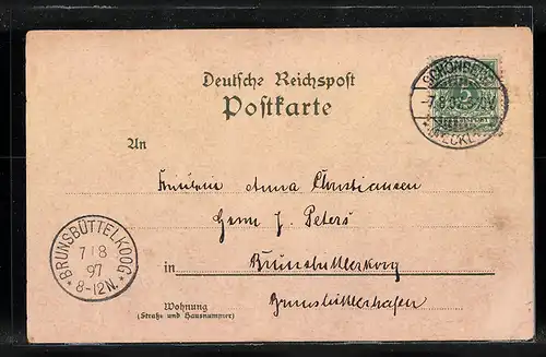 Lithographie Reinfeld i. H., Post, Glaudius im Portrait, Krieger-Denkmal, Kirche und Strassenansicht