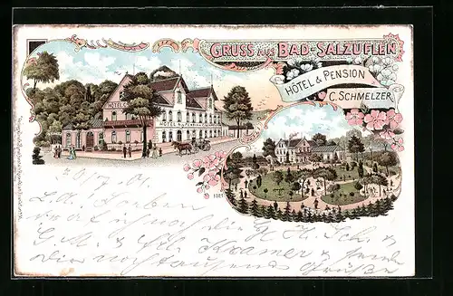 Lithographie Bad Salzuflen, Hotel-Pension Schmelzer mit Grünanlagen
