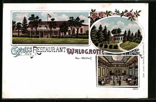 Lithographie Neu-Wohltorf, Restaurant Waldgrotte mit Innenansicht