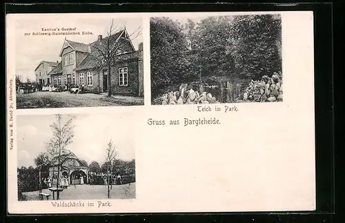AK Bargteheide, Kartens`s Gasthof zur Schleswig-Holsteinischen Eiche, Gasthaus Waldschänke im Park, Teich im Park