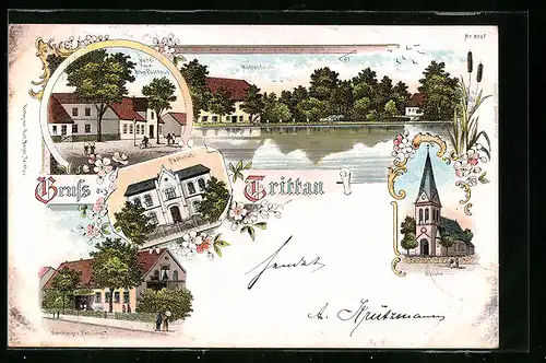 Lithographie Trittau, Hotel zum Alten Posthaus, Mühlenteich, Kirche, Pastorat