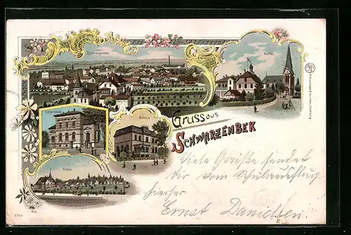 Lithographie Schwarzenbek, Panorama, Villen, Sparkasse, Kirche