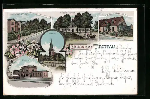 Lithographie Trittau, Hamburger Strasse, Hinsch`s Gasthof, Bahnhof, Kirche, Hamburger Pensionat