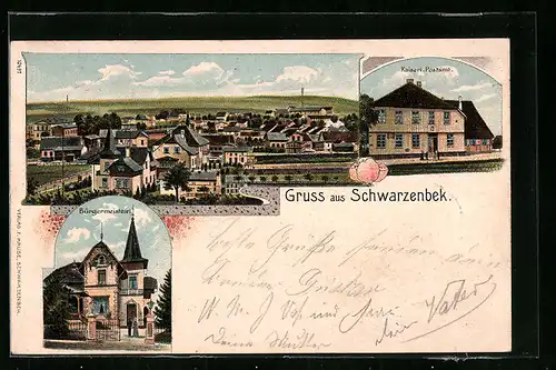Lithographie Schwarzenbek, Kaiserl. Postamt, Bürgermeisterei, Panorama