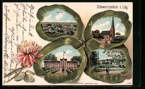 Passepartout-Lithographie Schwarzenbek i. Lbg., Panorama, Kirche, Kleeblatt