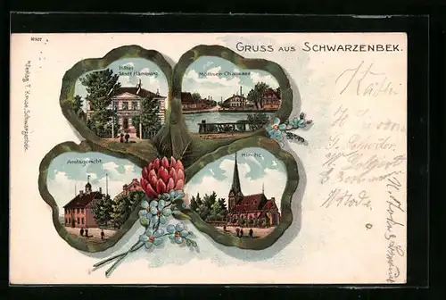 Passepartout-Lithographie Schwarzenbek, Hotel Stadt Hamburg, Möllner Chaussee, Amtsgericht, Kirche