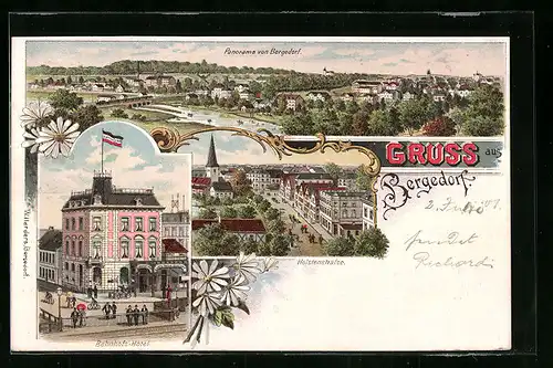 Lithographie Hamburg-Bergedorf, Panorama, Bahnhofs-Hotel, Holstenstrasse