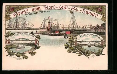 Lithographie Levensau, Gruss vom Nord-Ost-See-Kanale!, Holtenauer Festplatz, Levensauer Brücke, Gruenthaler Brücke
