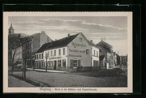 AK Siegburg, Restaurant Emil Seelbach, Blick in die Mühlen- und Siegfeldstrasse