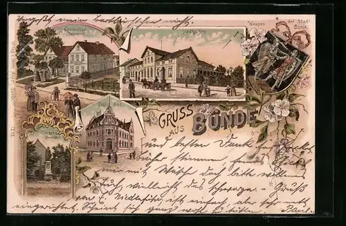 Lithographie Bünde, Naturheilbad Brunnen, Krieger-Denkmal, Post-Amt, Stadtgarten, Wappen