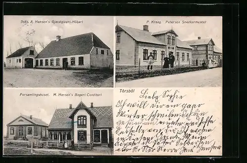 AK Törsböl, Johs. A. Hansen`s Gjaestgiveri-Hökerl, P. Kraag. Petersen Snedkermester, Forsamlingshuset M. Hansen`s Bageri