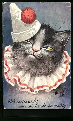 Künstler-AK Arthur Thiele: Katze mit Harlekinsmütze und -kragen