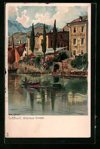 Künstler-AK Zeno Diemer: Torbole, Blick auf den Gasthof Garda