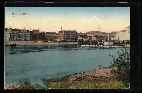 AK Riesa a. Elbe, Flusspartie mit Blick auf die Stadt