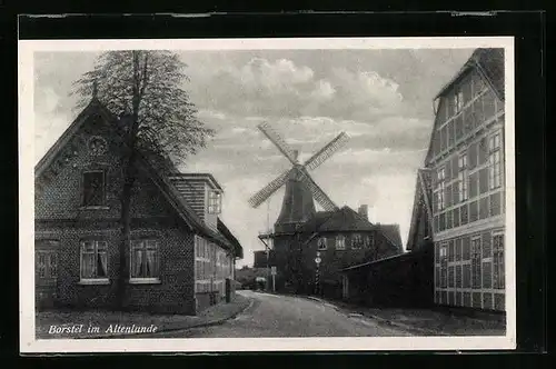 AK Borstel im Altenlande, Strassenpartie mit Mühle