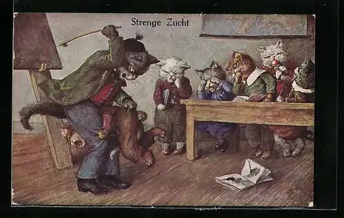 Künstler-AK Strenge Zucht, Katzenlehrer züchtigt Kätzchen, vermenschlichte Tiere