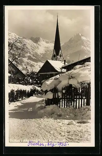 AK Fischen i. Allg., Kirche mit Blick auf Rubi und Nebelhorn