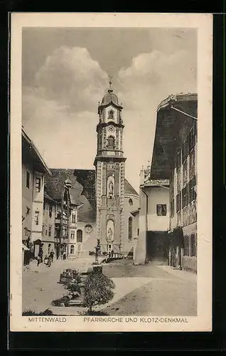 AK Mittenwald, Pfarrkirche und Klotz-Denkmal