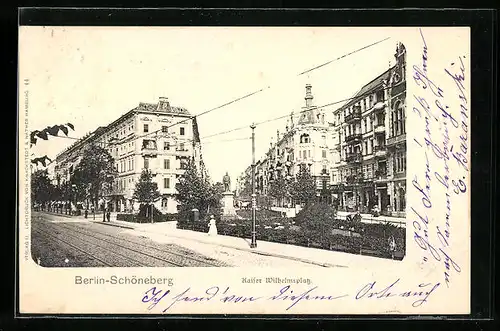 AK Berlin-Schöneberg, Kaiser Wilhelmsplatz mit Geschäften und Denkmal