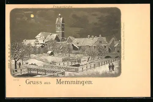 Winter-Lithographie Memmingen, Frauenkirche bei Mondschein
