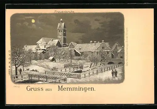 Winter-Lithographie Memmingen, Frauenkirche bei Mondschein