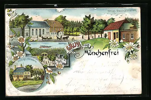 Lithographie Mönchenfrei, Gasthaus Königliche Försterei, Garten, Königliche Beschälstation
