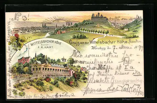 Lithographie Würzburg, Hotel Wittelsbacher Höhe, Panorama