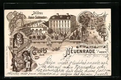 Lithographie Neuenrade i. Westf., Hotel Heinrich Schroeder, Wall mit Kaiser Wilhelm I.-Denkmal