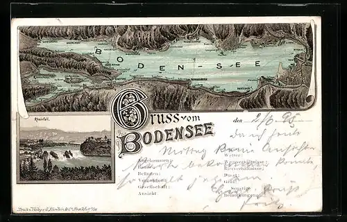Vorläufer-Lithographie Konstanz / Bodensee, 1895, Panorama mit Meersburg, Romanshorn und Ludwigshafen, Rheinfall