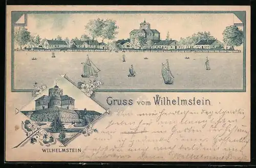 Lithographie Wilhelmstein, Uferpartie mit Segelbooten, Festung Wilhelmstein