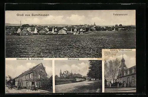 AK Sundhausen, Totalansicht aus der Ferne, Bäckerei S. Zehnpfund, Karlsburg, Kirche und Kriegerdenkmal