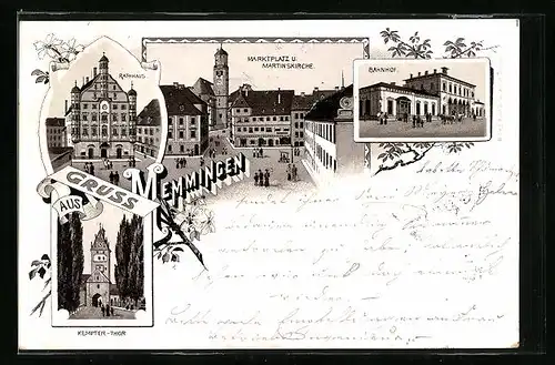 Lithographie Memmingen, Rathaus, Marktplatz und Martinskirche, Bahnhof und Kempter Tor