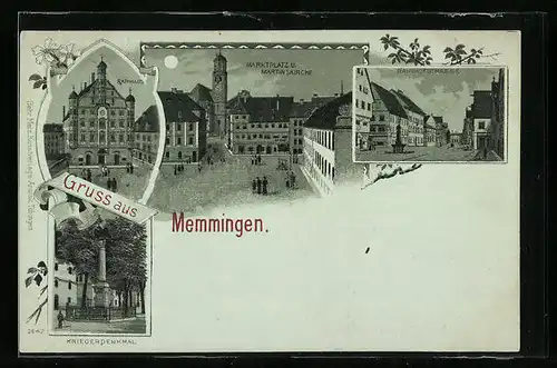 Mondschein-Lithographie Memmingen, Rathaus, Marktplatz und Martinskirche und Kriegerdenkmal