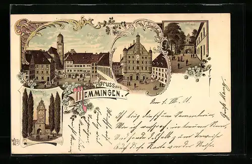 Lithographie Memmingen, Rathaus, Marktplatz und Martinskirche, Einlass und Kempter Tor