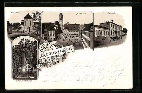 Lithographie Memmingen, Krugstor, Marktplatz, Bahnhof und Kriegerdenkmal