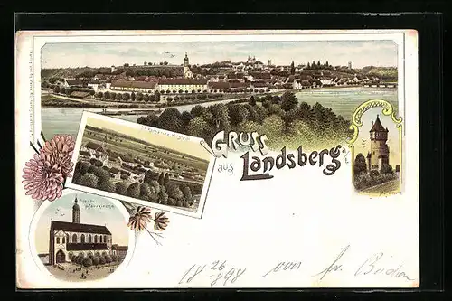 Lithographie Landsberg a. L., St. Katharina Vorstadt, Mutterturm, Stadtpfarrkirche und Totalansicht