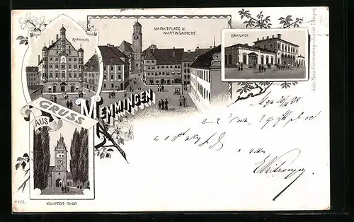 Lithographie Memmingen, Marktplatz und Martinskirche mit Bahnhof und Kempter-Thor