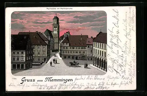 Lithographie Memmingen, Marktplatz mit Martinskirche