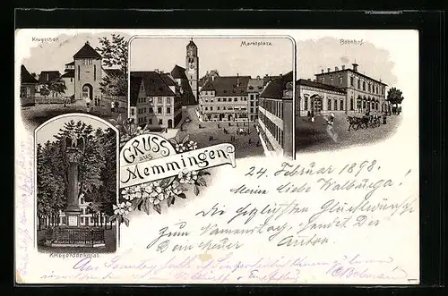 Lithographie Memmingen, Krugsthor, Marktplatz, Bahnhof und Kriegerdenkmal