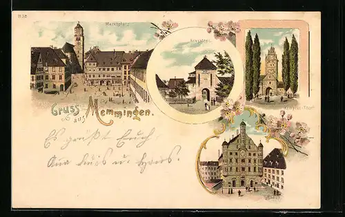 Lithographie Memmingen, Marktplatz, Krugsthor, Kempter-Thor und Rathaus