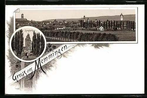 Lithographie Memmingen, Kempterthor, Totalansicht aus der Ferne