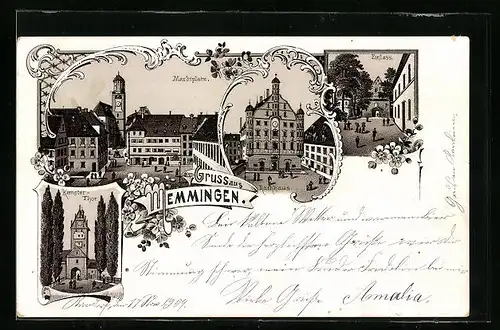 Lithographie Memmingen, Marktplatz, Rathaus, Einlass und Kempter Thor