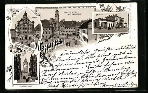 Lithographie Memmingen, Bahnhof, Rathaus, Marktplatz und Martinskirche