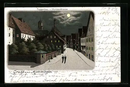 Lithographie Memmingen, Fuggerbau und Herrenstrasse im Mondschein