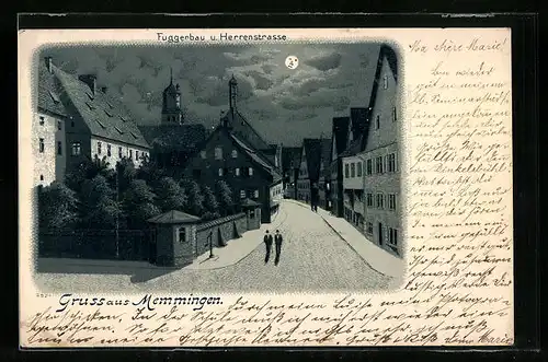 Lithographie Memmingen, Fuggerbau und Herrenstrasse im Mondschein