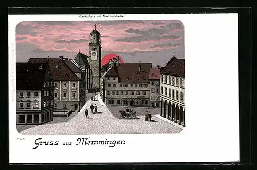 Lithographie Memmingen, Marktplatz mit Martinskirche und aufgehender Sonne