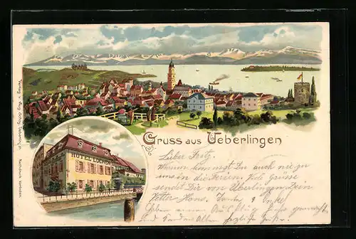 Lithographie Ueberlingen, Hotel zum Löwen, Totalansicht mit Bodensee