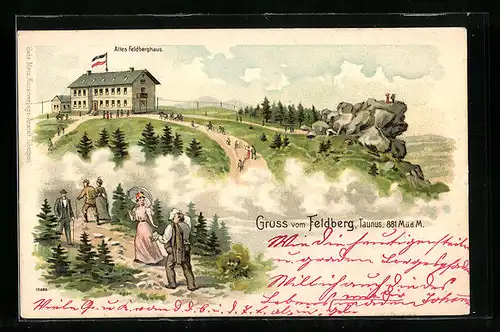 Lithographie Feldberg i. T., Altes Feldberghaus mit Passanten